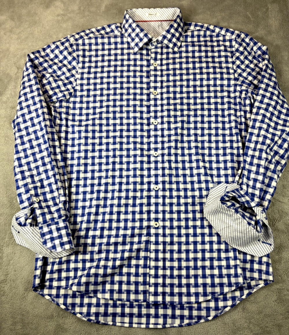 Bugatchi Uomo Shirt Men's M Blue Geometric Long Sleeve Shaped Fit Flip Cuff
